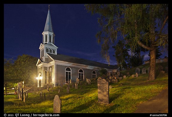 Holly Family church and graveyard at night, Concord. Massachussets, USA (color)