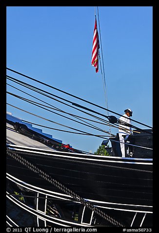 Sailor and flag on USS Constitution (9/11 10th anniversary). Boston, Massachussets, USA