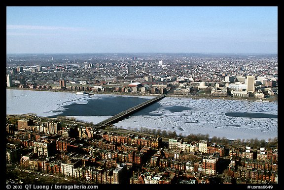 Frozen Charles River seen from the Prudential Tower. Boston, Massachussets, USA