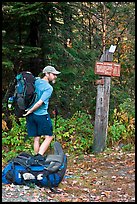 Backpacker shouldering pack at trailhead. Maine, USA ( color)