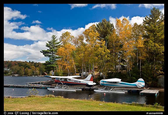 Floatplanes and fall foliage on Moosehead Lake, Greenville. Maine, USA