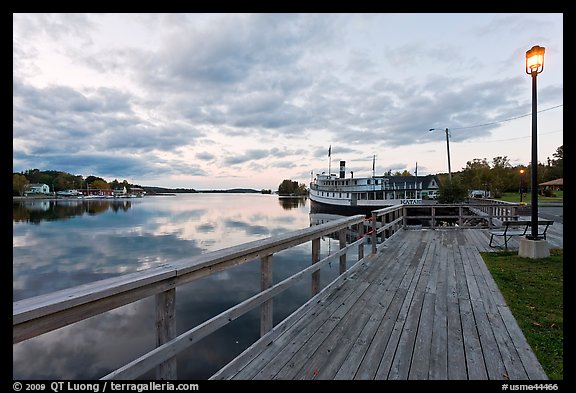 Marina with Katahdin steamer at sunset, Greenville. Maine, USA (color)