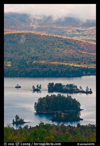 Islets and mountain slopes with fall foliage. Maine, USA
