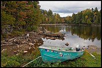 Cove and boat on shore of  Moosehead lake, Lily Bay State Park. Maine, USA ( color)