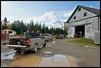 Trucks with moose lining up at checking station, Kokadjo. Maine, USA (color)