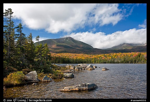 Cloud-capped Katahdin range and forest from Sandy Stream Pond. Baxter State Park, Maine, USA