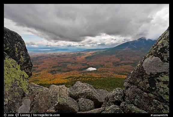 Mountain scenery in fall seen between boulders. Baxter State Park, Maine, USA
