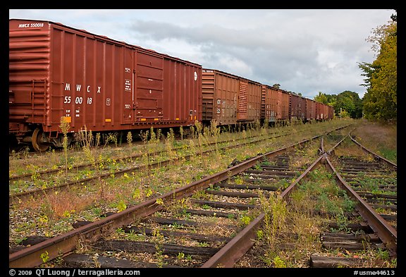 Railroad tracks and cars, Millinocket. Maine, USA