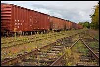 Railroad tracks and cars, Millinocket. Maine, USA