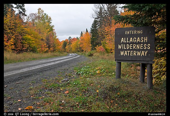 Road with Allagash wilderness sign. Allagash Wilderness Waterway, Maine, USA (color)