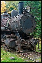 Nose of rusting steam locomotive. Allagash Wilderness Waterway, Maine, USA