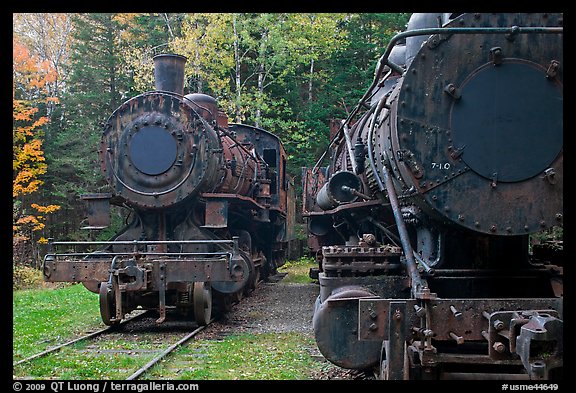 Eagle Lake and West Branch railroad locomotives. Allagash Wilderness Waterway, Maine, USA (color)