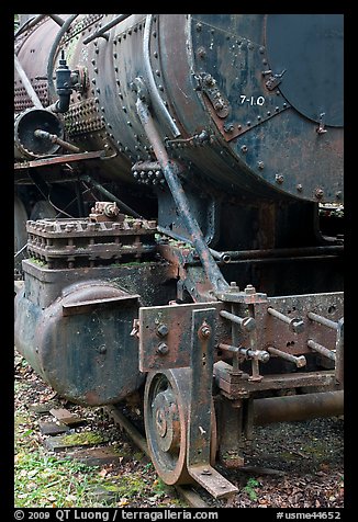 Detail of old steam locomotive. Allagash Wilderness Waterway, Maine, USA (color)