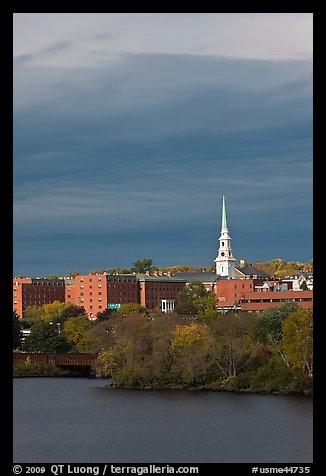 White steepled church and brick buildings. Bangor, Maine, USA