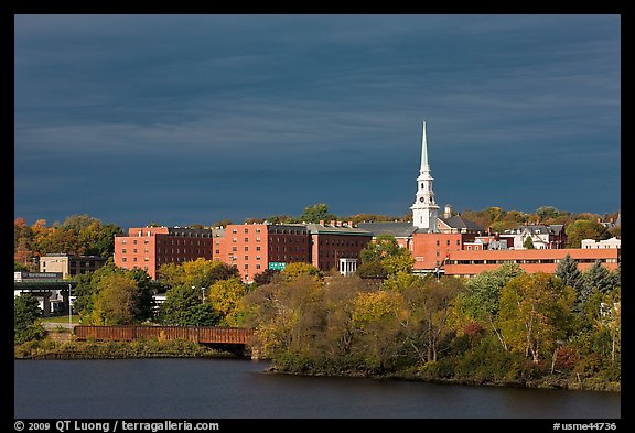 Penobscot River and downtown with storm clouds. Bangor, Maine, USA (color)