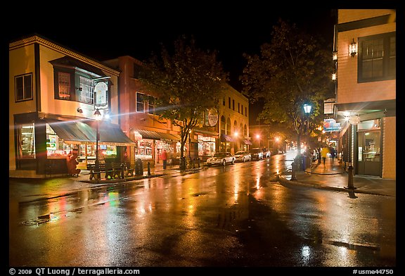 Street corner on rainy night. Bar Harbor, Maine, USA