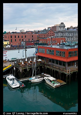 Boats, harbor, and historic buildings. Portland, Maine, USA