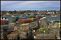 Lobster traps and village. Corea, Maine, USA