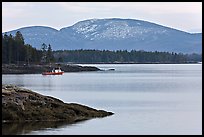 Frenchman Bay with snow-covered Cadillac Mountain in winter. Maine, USA
