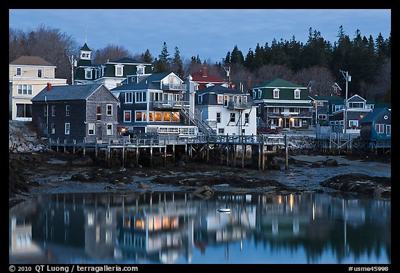 Main village waterfont at dawn. Stonington, Maine, USA (color)