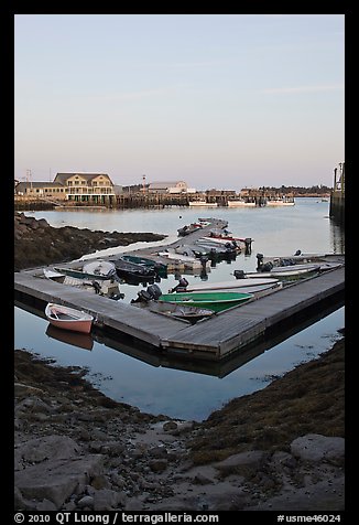 Small boats and harbor at sunset. Stonington, Maine, USA (color)