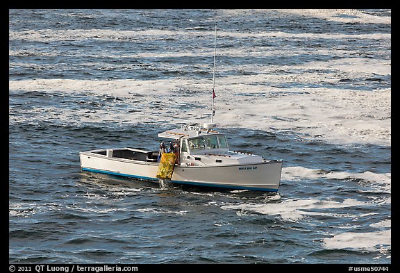 Fishermen on lobster boat. Bar Harbor, Maine, USA