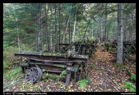 Rusting railway equipment in the woods. Allagash Wilderness Waterway, Maine, USA