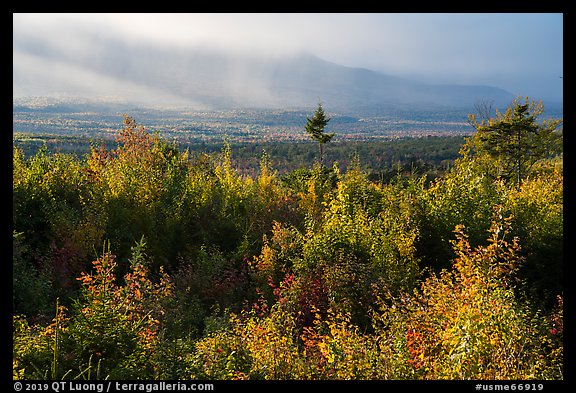 View from Loop Road Overlook over mountain hidden by clouds. Katahdin Woods and Waters National Monument, Maine, USA