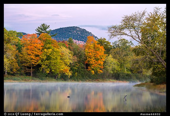 East Branch Penobscot River and Desey Mountain at dawn in autumn. Katahdin Woods and Waters National Monument, Maine, USA