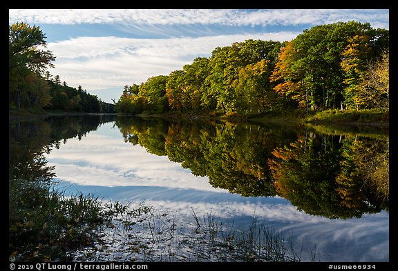 Clouds and trees reflected in East Branch Penobscot River. Katahdin Woods and Waters National Monument, Maine, USA