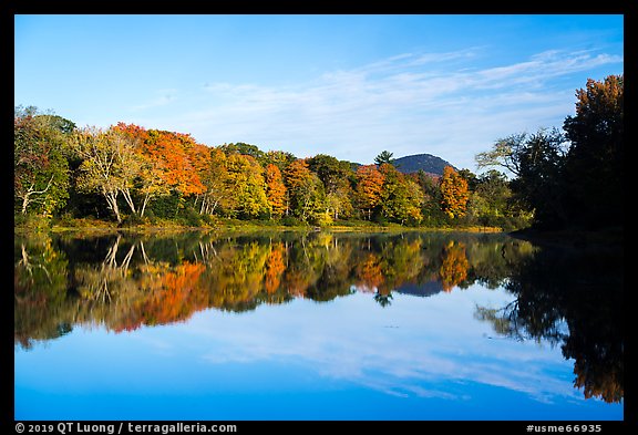 Morning reflections of trees in autumn foliage and mountain, Branch Penobscot River. Katahdin Woods and Waters National Monument, Maine, USA