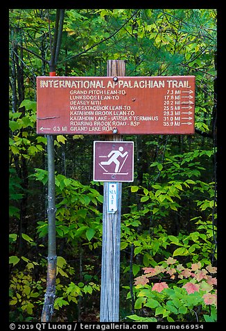International Appalachian Trail sign. Katahdin Woods and Waters National Monument, Maine, USA (color)