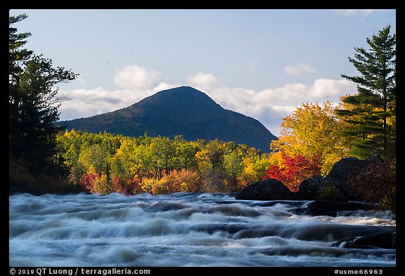 Haskell Rock Pitch rapids and Bald Mountain in autumn. Katahdin Woods and Waters National Monument, Maine, USA