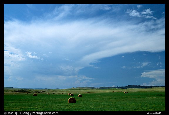 Hay rolls and storm cloud. North Dakota, USA