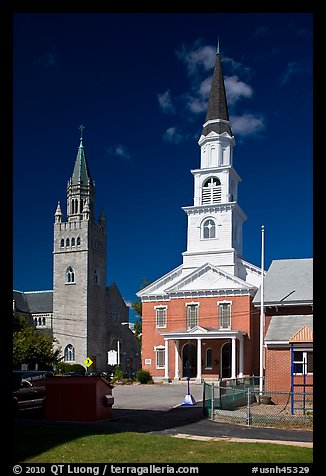 White steepled church and stone church. Concord, New Hampshire, USA (color)