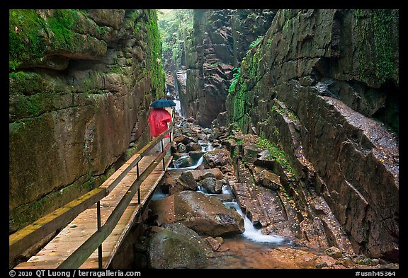 Visitors hiking the Flume in the rain, Franconia Notch State Park. New Hampshire, USA