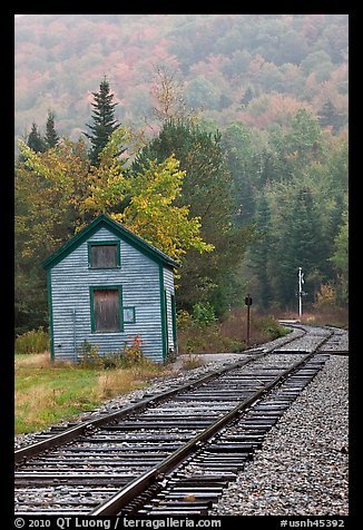 Railroad tracks and shack in autumn, White Mountain National Forest. New Hampshire, USA