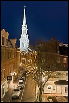 Street from above and church at night. Portsmouth, New Hampshire, USA (color)