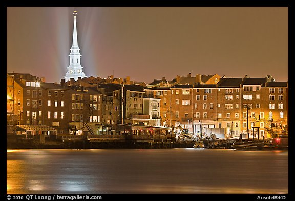 Waterfront and church by night. Portsmouth, New Hampshire, USA