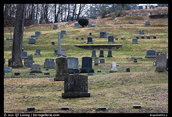 Headstones of different sizes in cemetery. Walpole, New Hampshire, USA