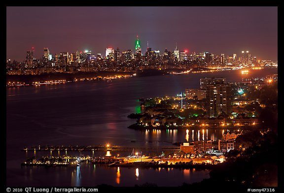 Hudson River and New York skyline at night. NYC, New York, USA