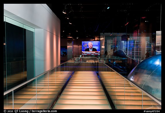 Corridor and TV screen, Bloomberg building. NYC, New York, USA