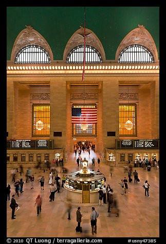 Main information booth and flag hung after 9/11, Grand Central Terminal. NYC, New York, USA