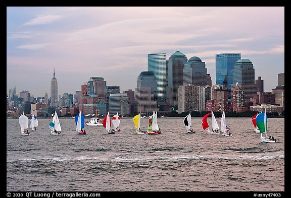Sailboats, lower and mid Manhattan skyline. NYC, New York, USA (color)