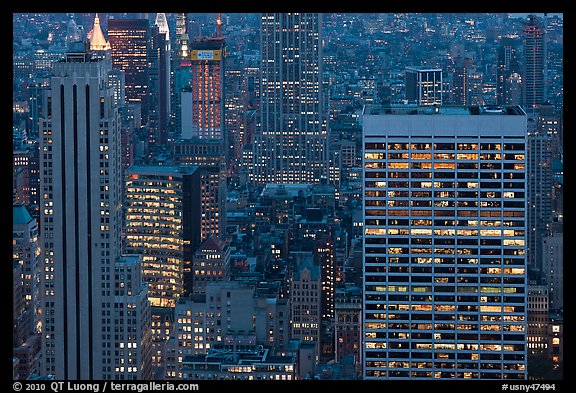 Mid-town towers at dusk from above. NYC, New York, USA