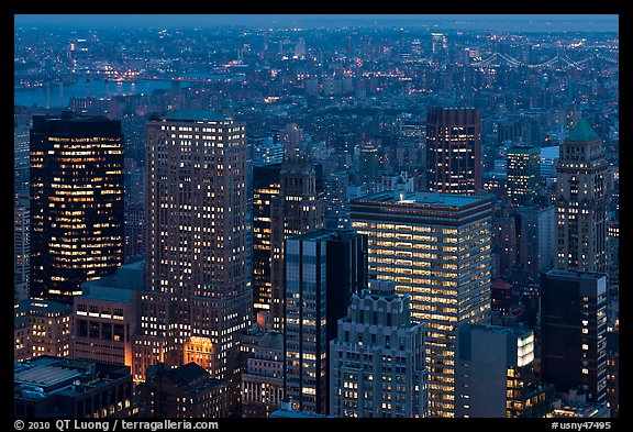 Manhattan towers at dusk from above. NYC, New York, USA (color)