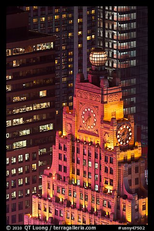 Top of vintage high-rise building with globe and clocks. NYC, New York, USA