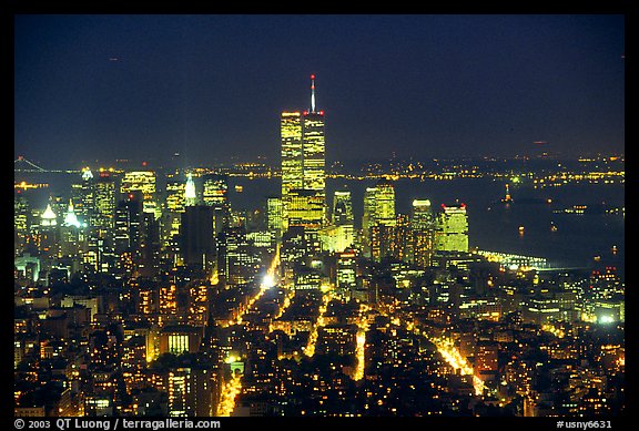 Lower Manhattan seen from the Empire State Building at night. NYC, New York, USA