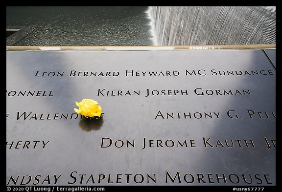 Rose and victim names, September 11 Memorial. NYC, New York, USA (color)