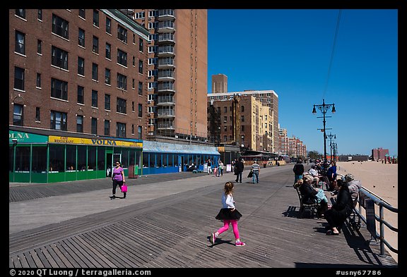 Appartment buildings, boardwalk, and beach, Coney Island. New York, USA (color)